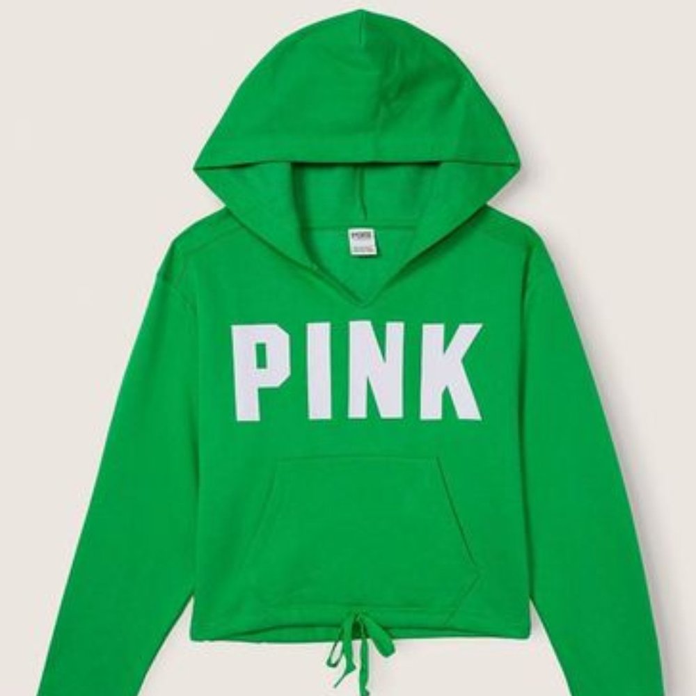 Victoria’s Secret PINK fleece cropped cinched campus hoodie size Medium  Green - Picture 2 of 12